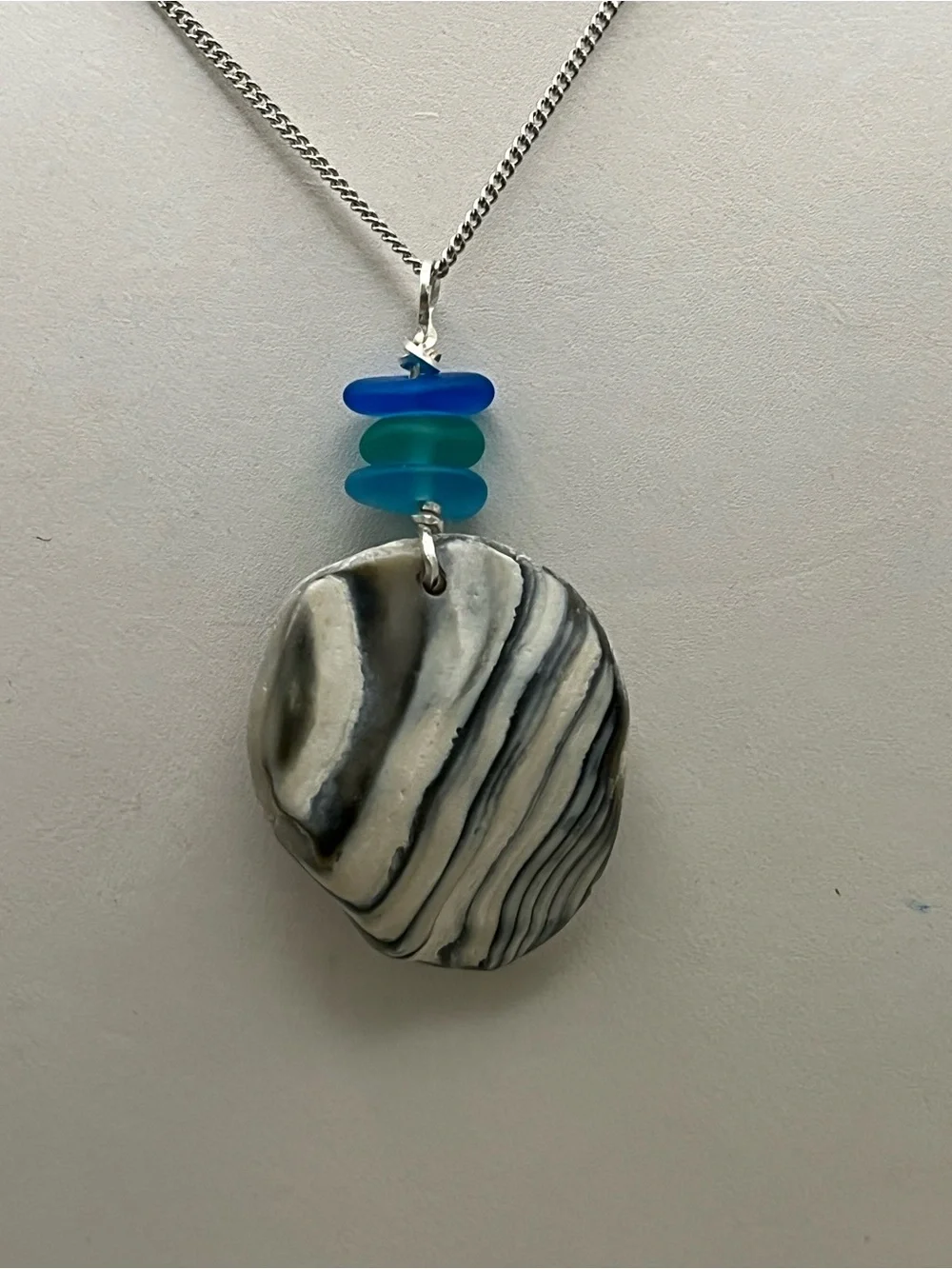 Wampum Shell Pendant Necklace Silver Tone Sea Glass Blue Green Coastal Beach